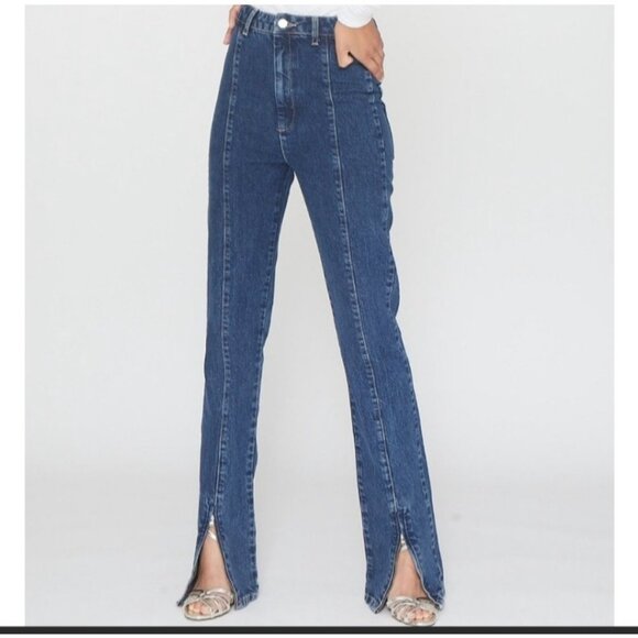 Rotate Jada Zip Ankle High Rise Flared Dark Blue Denim Jeans US 0 NWOT - Picture 1 of 6